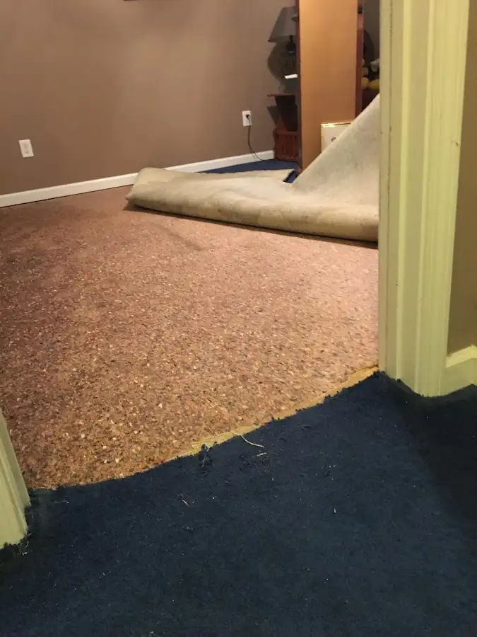 Carpet pad removal revealing water damage during Drying & Dehumidification in Jamul